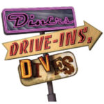 Retro sign with Diners, Drive-Ins, Dives logo—perfect for catering or event space themes.